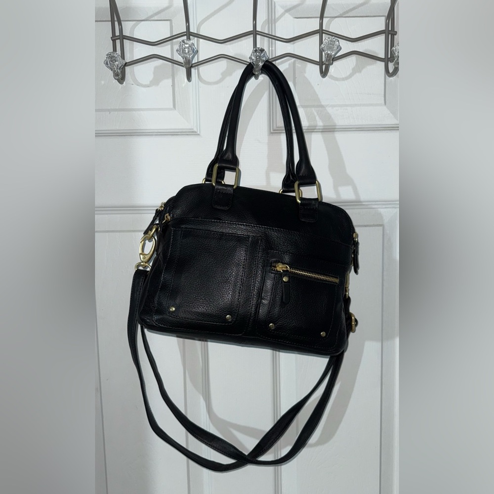 Black Leather Shoulder Bag with Gold Accents